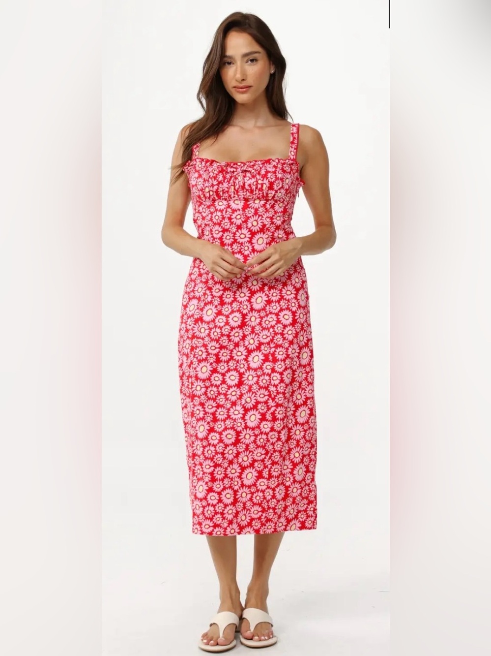 🍅🌼FREE PEOPLE Lucinda Midi Sundress Tomato Daisy Bright Red Floral Lace-Up XL - Picture 6 of 16